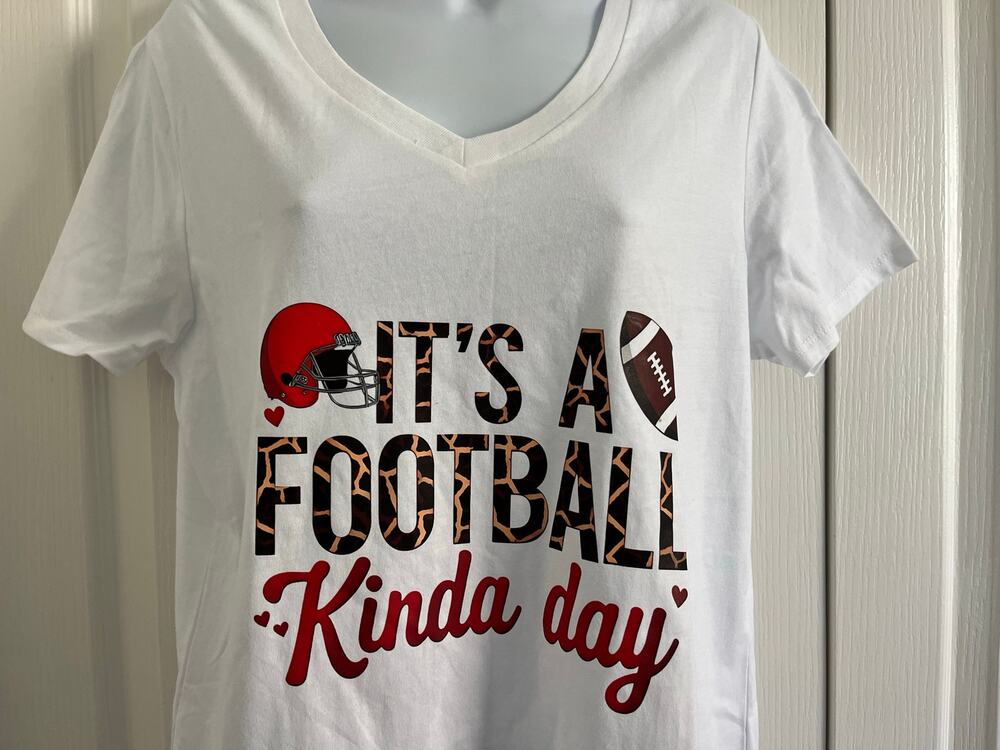 Women’s L Football T-Shirt White V-Neck “It’s a Football Kinda Day” 100% Cotton